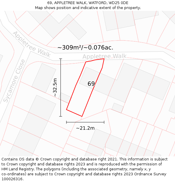 69, APPLETREE WALK, WATFORD, WD25 0DE: Plot and title map