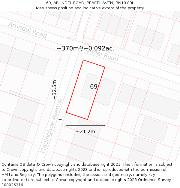 69, ARUNDEL ROAD, PEACEHAVEN, BN10 8RL: Plot and title map