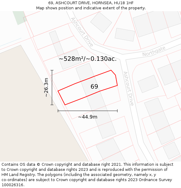 69, ASHCOURT DRIVE, HORNSEA, HU18 1HF: Plot and title map