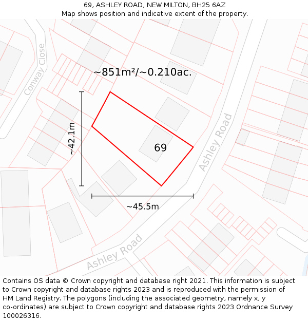69, ASHLEY ROAD, NEW MILTON, BH25 6AZ: Plot and title map