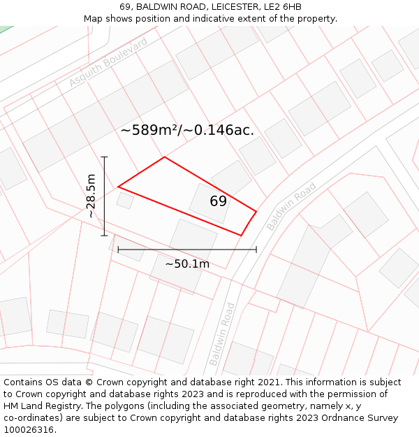 69, BALDWIN ROAD, LEICESTER, LE2 6HB: Plot and title map