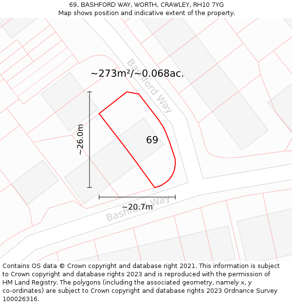 69, BASHFORD WAY, WORTH, CRAWLEY, RH10 7YG: Plot and title map