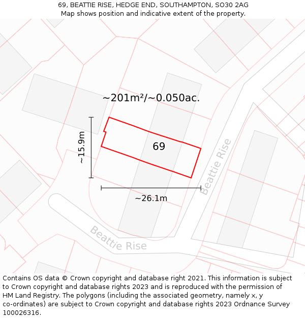 69, BEATTIE RISE, HEDGE END, SOUTHAMPTON, SO30 2AG: Plot and title map