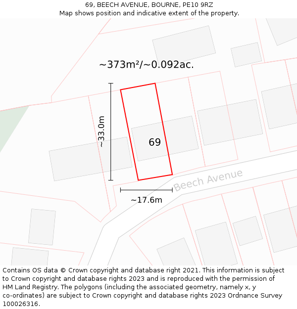 69, BEECH AVENUE, BOURNE, PE10 9RZ: Plot and title map