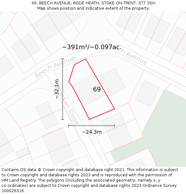 69, BEECH AVENUE, RODE HEATH, STOKE-ON-TRENT, ST7 3SH: Plot and title map