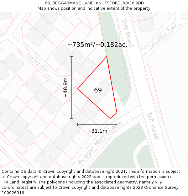 69, BEGGARMANS LANE, KNUTSFORD, WA16 9BB: Plot and title map