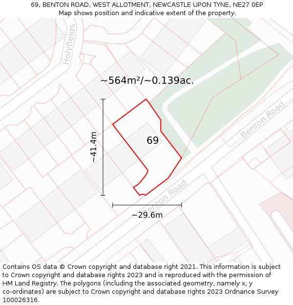 69, BENTON ROAD, WEST ALLOTMENT, NEWCASTLE UPON TYNE, NE27 0EP: Plot and title map