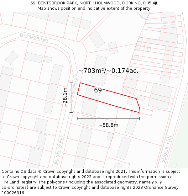 69, BENTSBROOK PARK, NORTH HOLMWOOD, DORKING, RH5 4JL: Plot and title map