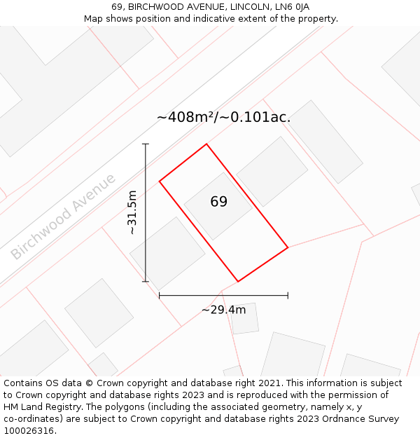 69, BIRCHWOOD AVENUE, LINCOLN, LN6 0JA: Plot and title map