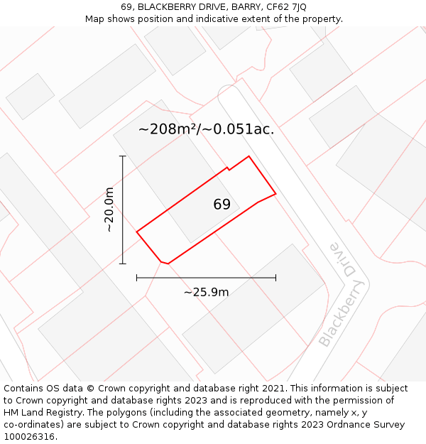 69, BLACKBERRY DRIVE, BARRY, CF62 7JQ: Plot and title map