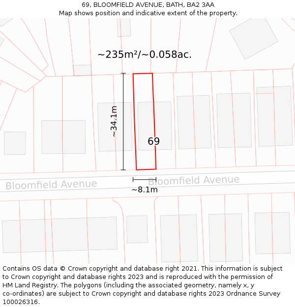 69, BLOOMFIELD AVENUE, BATH, BA2 3AA: Plot and title map