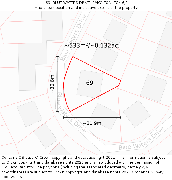 69, BLUE WATERS DRIVE, PAIGNTON, TQ4 6JF: Plot and title map