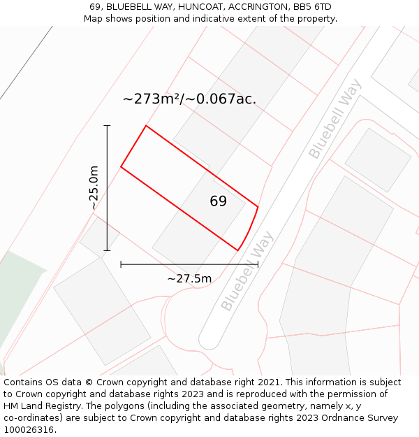 69, BLUEBELL WAY, HUNCOAT, ACCRINGTON, BB5 6TD: Plot and title map