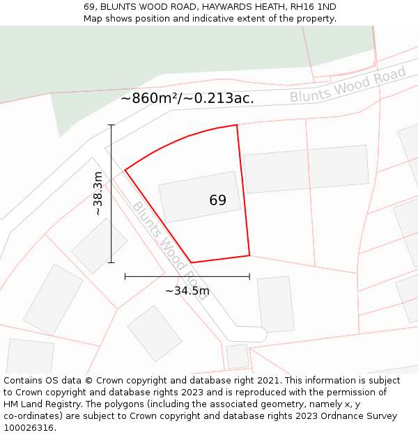 69, BLUNTS WOOD ROAD, HAYWARDS HEATH, RH16 1ND: Plot and title map