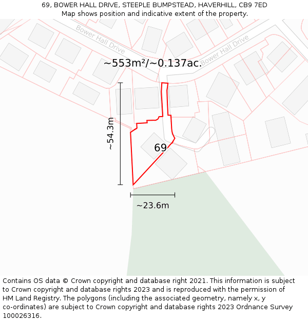 69, BOWER HALL DRIVE, STEEPLE BUMPSTEAD, HAVERHILL, CB9 7ED: Plot and title map