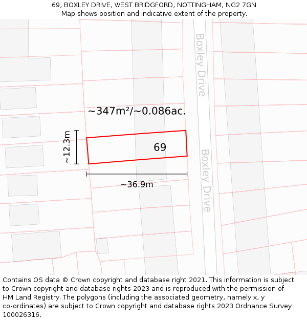 69, BOXLEY DRIVE, WEST BRIDGFORD, NOTTINGHAM, NG2 7GN: Plot and title map