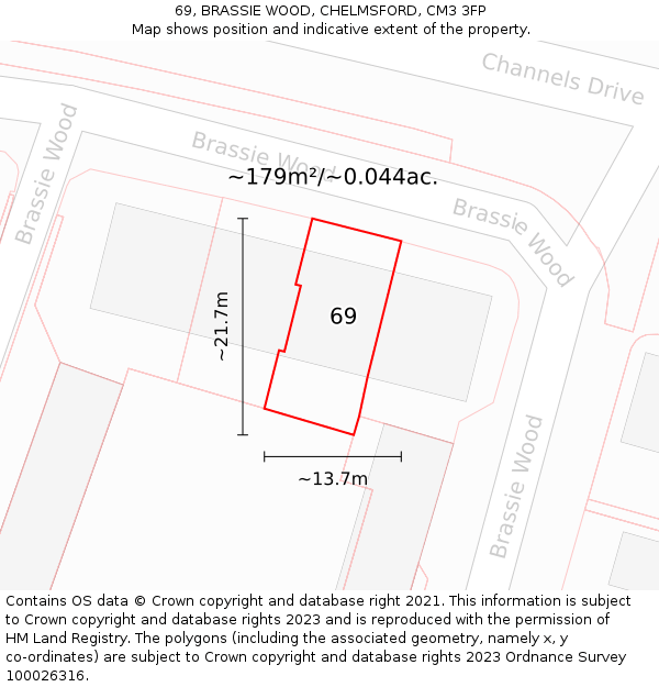 69, BRASSIE WOOD, CHELMSFORD, CM3 3FP: Plot and title map