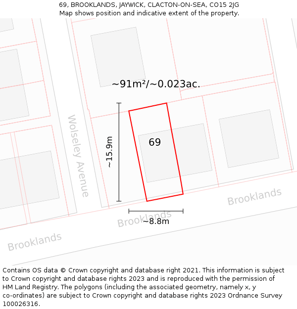 69, BROOKLANDS, JAYWICK, CLACTON-ON-SEA, CO15 2JG: Plot and title map