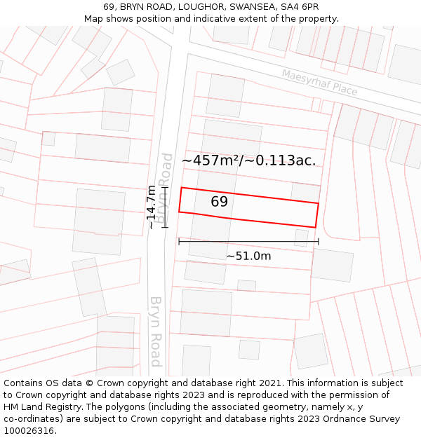 69, BRYN ROAD, LOUGHOR, SWANSEA, SA4 6PR: Plot and title map