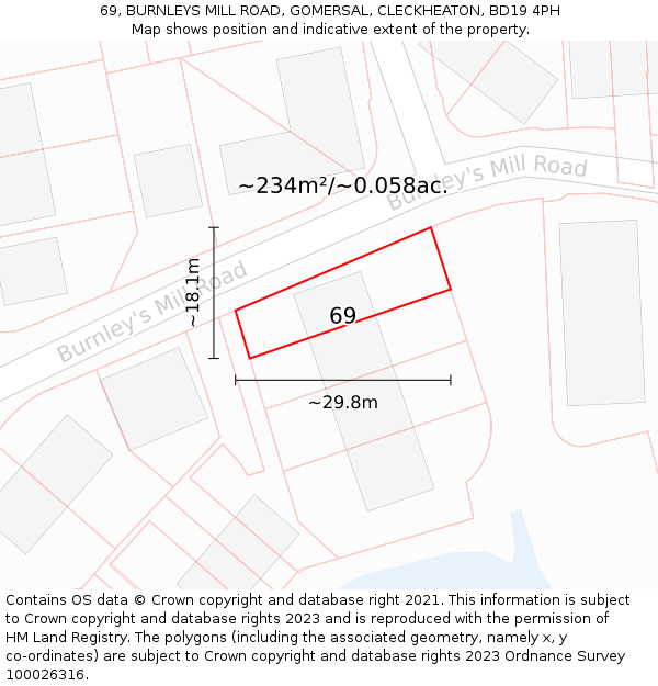 69, BURNLEYS MILL ROAD, GOMERSAL, CLECKHEATON, BD19 4PH: Plot and title map