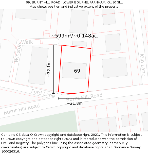 69, BURNT HILL ROAD, LOWER BOURNE, FARNHAM, GU10 3LL: Plot and title map