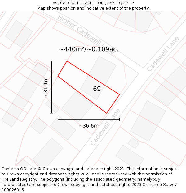 69, CADEWELL LANE, TORQUAY, TQ2 7HP: Plot and title map