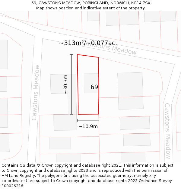 69, CAWSTONS MEADOW, PORINGLAND, NORWICH, NR14 7SX: Plot and title map