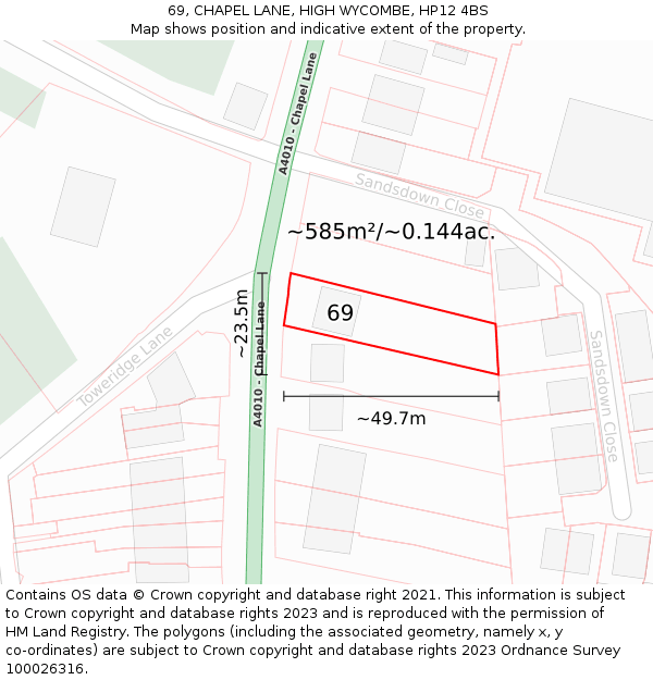 69, CHAPEL LANE, HIGH WYCOMBE, HP12 4BS: Plot and title map