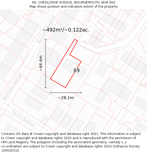 69, CHESILDENE AVENUE, BOURNEMOUTH, BH8 0AZ: Plot and title map