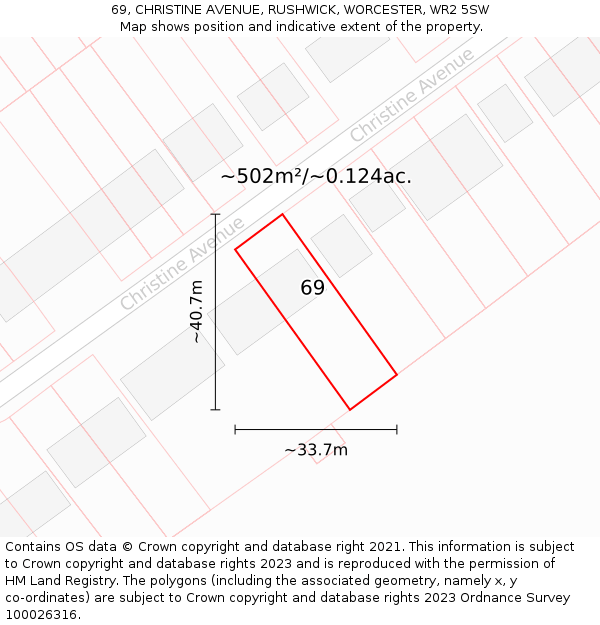 69, CHRISTINE AVENUE, RUSHWICK, WORCESTER, WR2 5SW: Plot and title map