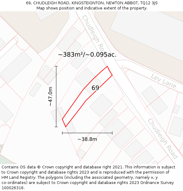 69, CHUDLEIGH ROAD, KINGSTEIGNTON, NEWTON ABBOT, TQ12 3JS: Plot and title map