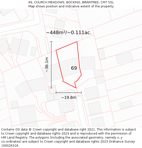 69, CHURCH MEADOWS, BOCKING, BRAINTREE, CM7 5SL: Plot and title map