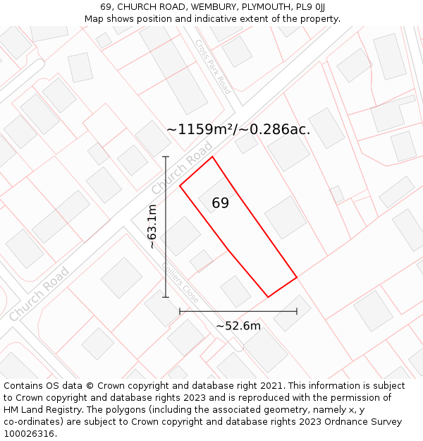 69, CHURCH ROAD, WEMBURY, PLYMOUTH, PL9 0JJ: Plot and title map