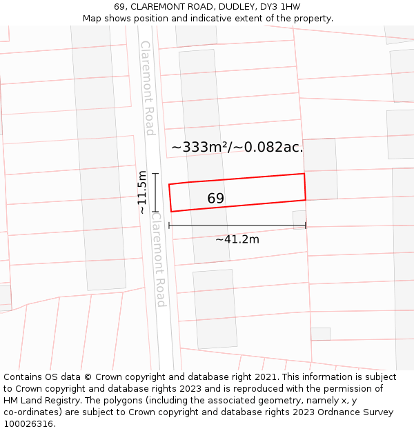 69, CLAREMONT ROAD, DUDLEY, DY3 1HW: Plot and title map