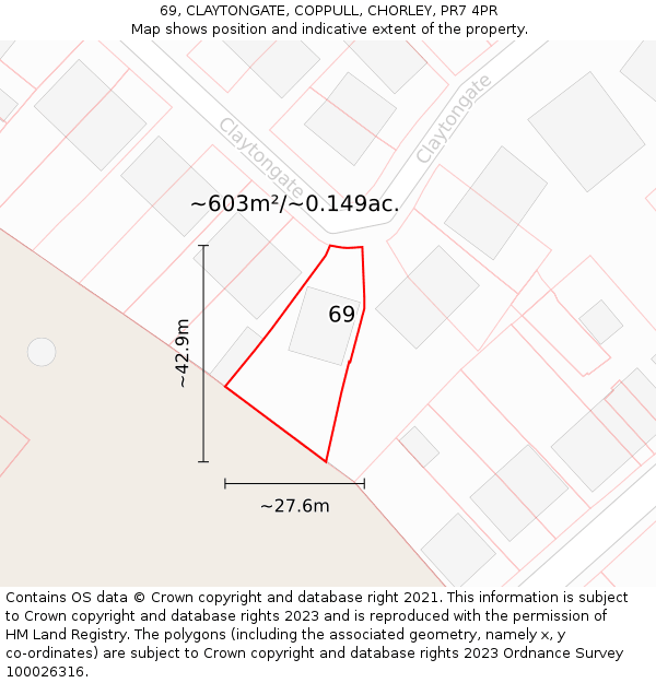 69, CLAYTONGATE, COPPULL, CHORLEY, PR7 4PR: Plot and title map