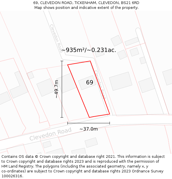 69, CLEVEDON ROAD, TICKENHAM, CLEVEDON, BS21 6RD: Plot and title map