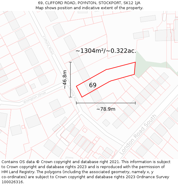 69, CLIFFORD ROAD, POYNTON, STOCKPORT, SK12 1JA: Plot and title map