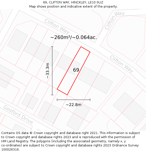 69, CLIFTON WAY, HINCKLEY, LE10 0UZ: Plot and title map