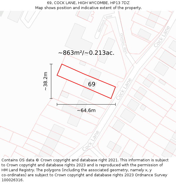 69, COCK LANE, HIGH WYCOMBE, HP13 7DZ: Plot and title map