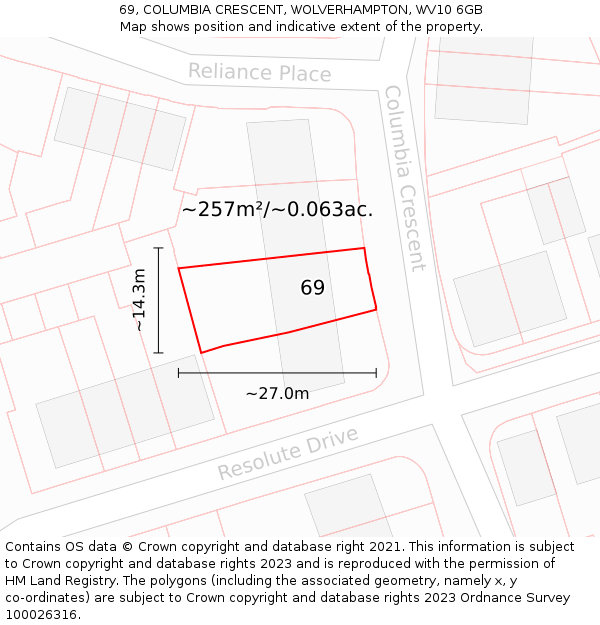 69, COLUMBIA CRESCENT, WOLVERHAMPTON, WV10 6GB: Plot and title map