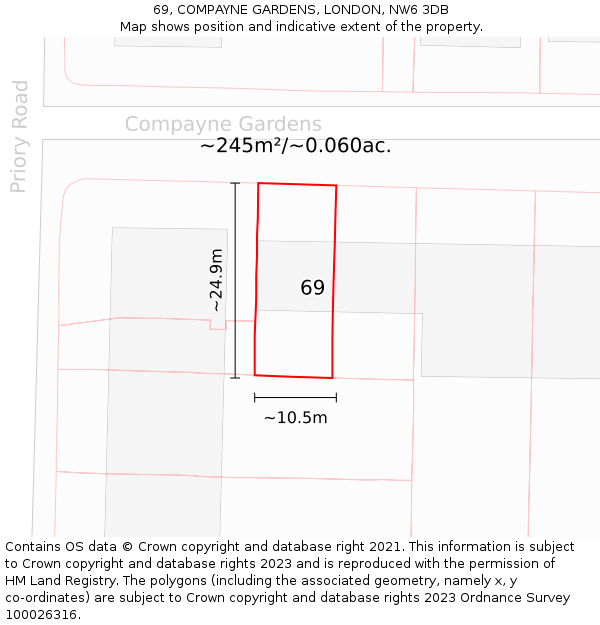 69, COMPAYNE GARDENS, LONDON, NW6 3DB: Plot and title map