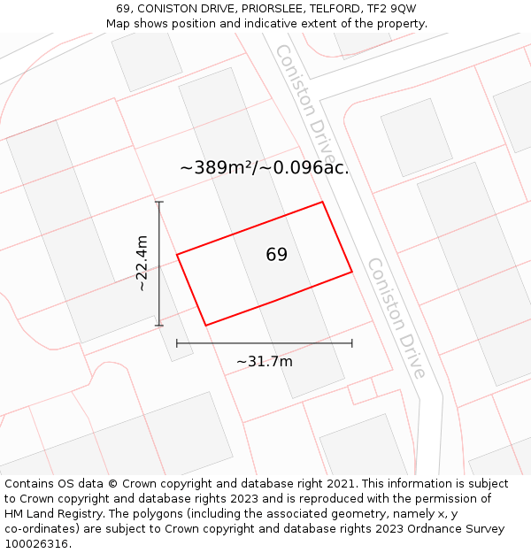 69, CONISTON DRIVE, PRIORSLEE, TELFORD, TF2 9QW: Plot and title map