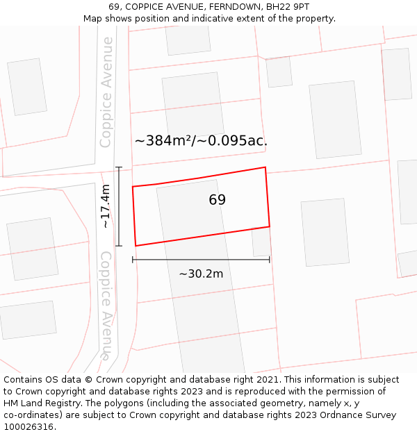 69, COPPICE AVENUE, FERNDOWN, BH22 9PT: Plot and title map