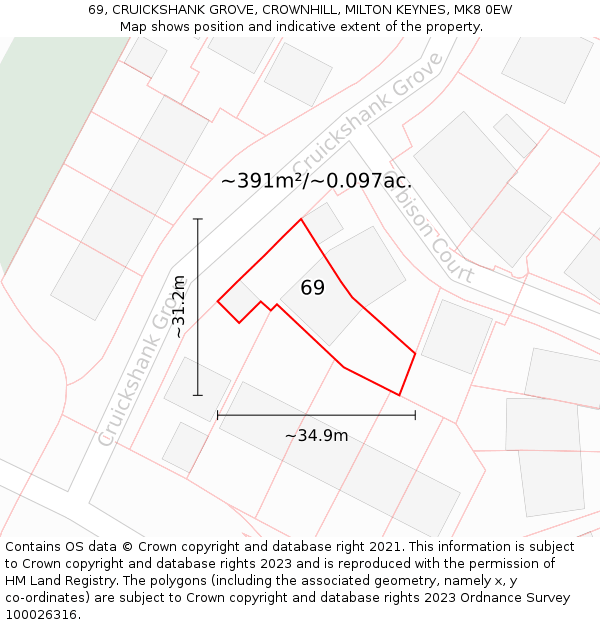 69, CRUICKSHANK GROVE, CROWNHILL, MILTON KEYNES, MK8 0EW: Plot and title map