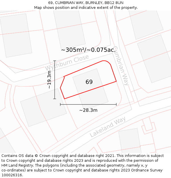 69, CUMBRIAN WAY, BURNLEY, BB12 8UN: Plot and title map