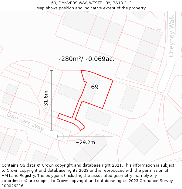 69, DANVERS WAY, WESTBURY, BA13 3UF: Plot and title map