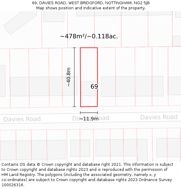 69, DAVIES ROAD, WEST BRIDGFORD, NOTTINGHAM, NG2 5JB: Plot and title map