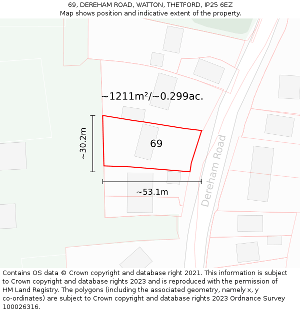 69, DEREHAM ROAD, WATTON, THETFORD, IP25 6EZ: Plot and title map