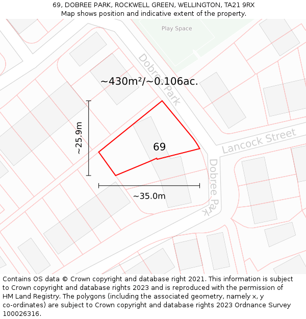 69, DOBREE PARK, ROCKWELL GREEN, WELLINGTON, TA21 9RX: Plot and title map