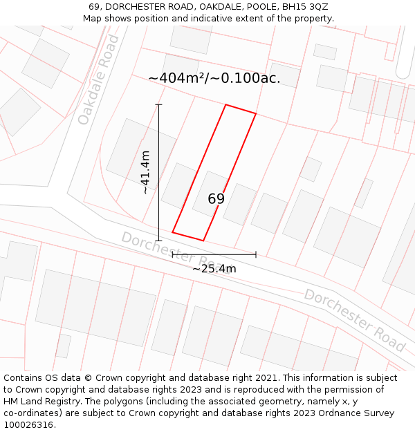 69, DORCHESTER ROAD, OAKDALE, POOLE, BH15 3QZ: Plot and title map